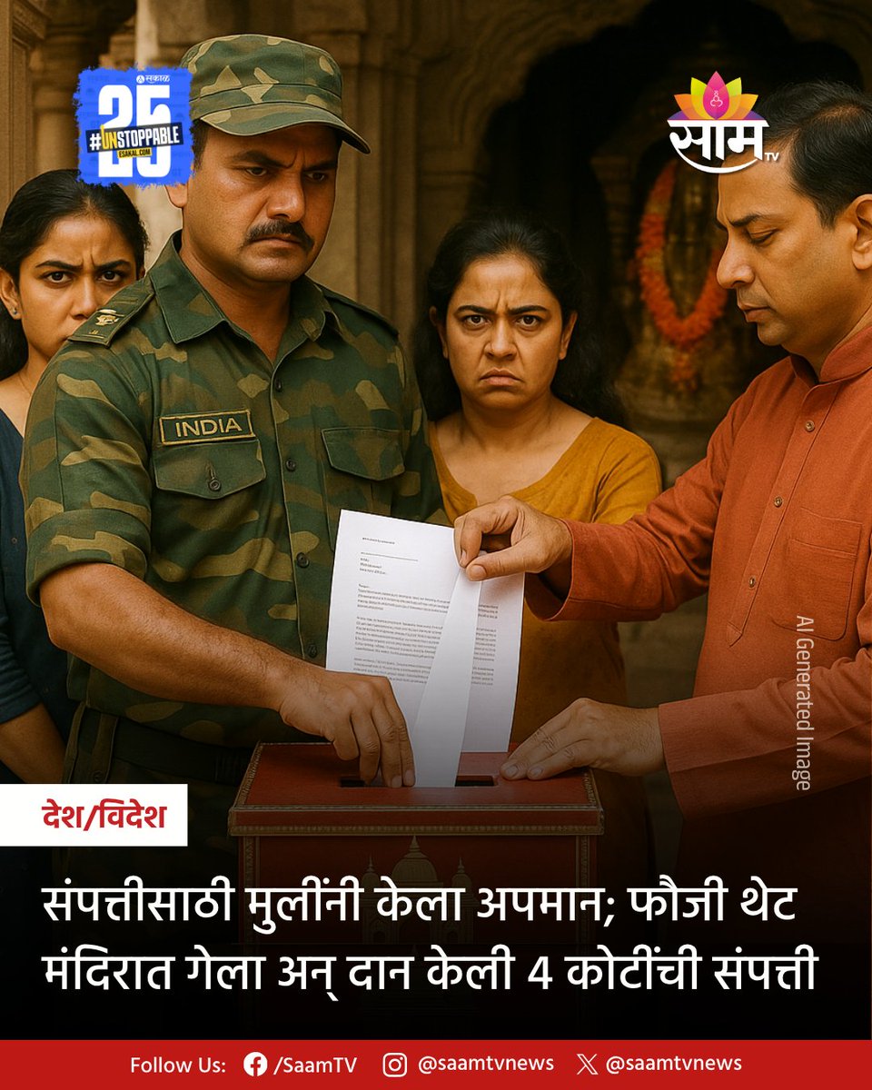 saamTVnews's tweet photo. निवृत्त सैनिकाने आपली 4 कोटी रूपयांची संपत्ती एका मंदिरात दान केल्याची घटना समोर आली आहे. संपत्ती आणि पैशांसाठी मुलींकडून वारंवार अपमानास्पद वागणूक मिळत होती.
सविस्तर वाचा:
https://t.co/qmIZZEv0O3
#tamilnadunews #retiredarmyman #armymandonates4croreproperty #TamilNadu https://t.co/3GhP6h6QNm
