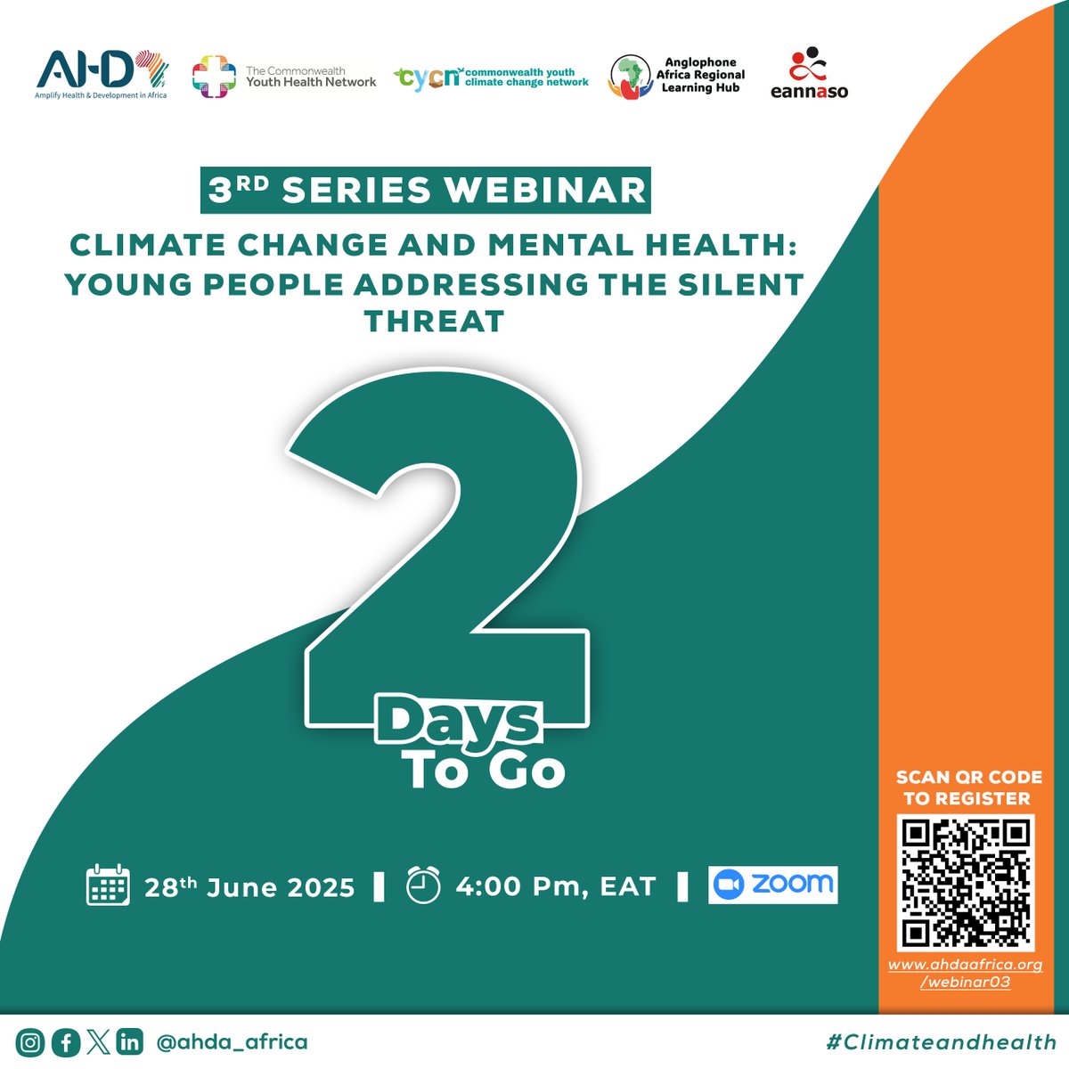 ahda_africa's tweet photo. 3 days away from our 3rd Series Webinar!
Register today through the link below.

Link: https://t.co/qLL4K72z3z

Topic: Climate Change and Mental Health: Young People Addressing The Silent Threat.
🗓️ Date: June 28, 2025
⏰ Time: 4:00 PM EAT

#ahda #climateandhealth #climate https://t.co/nY2LHZHNrK