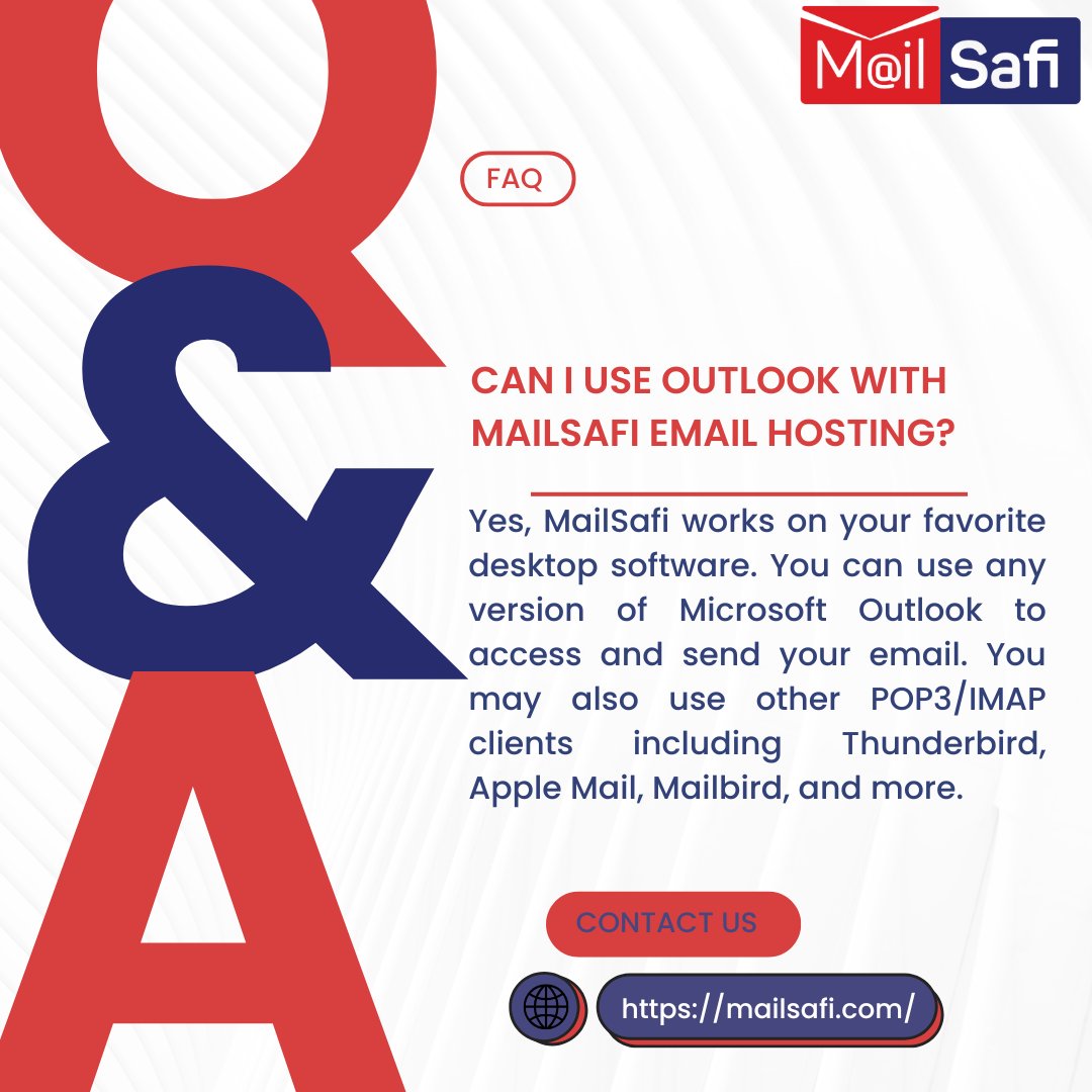 _MailSafi's tweet photo. FAQ: Can I Use Outlook with MailSafi Email Hosting?
Absolutely! MailSafi supports Microsoft Outlook and most POP3/IMAP email clients including Apple Mail, Thunderbird, and more.
Try us today at https://t.co/hvWxDXKn5P
#EmailHosting #OutlookSupport #MailSafi https://t.co/glNRRQD3in