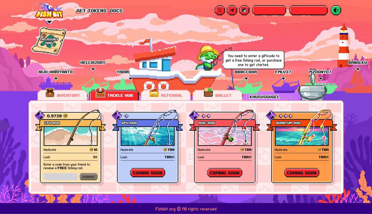 Been fishing for fun before? Now try fishing for real rewards with <a href="/fishbit_org/">Fish Bit</a>!
1️⃣Connect your wallet + X account at fishbit.org to grab your free boat. That’s your way in!
2️⃣Use a giftcode: “F6TYNIPRIR” to claim your free rod.
Website: fishbit.org