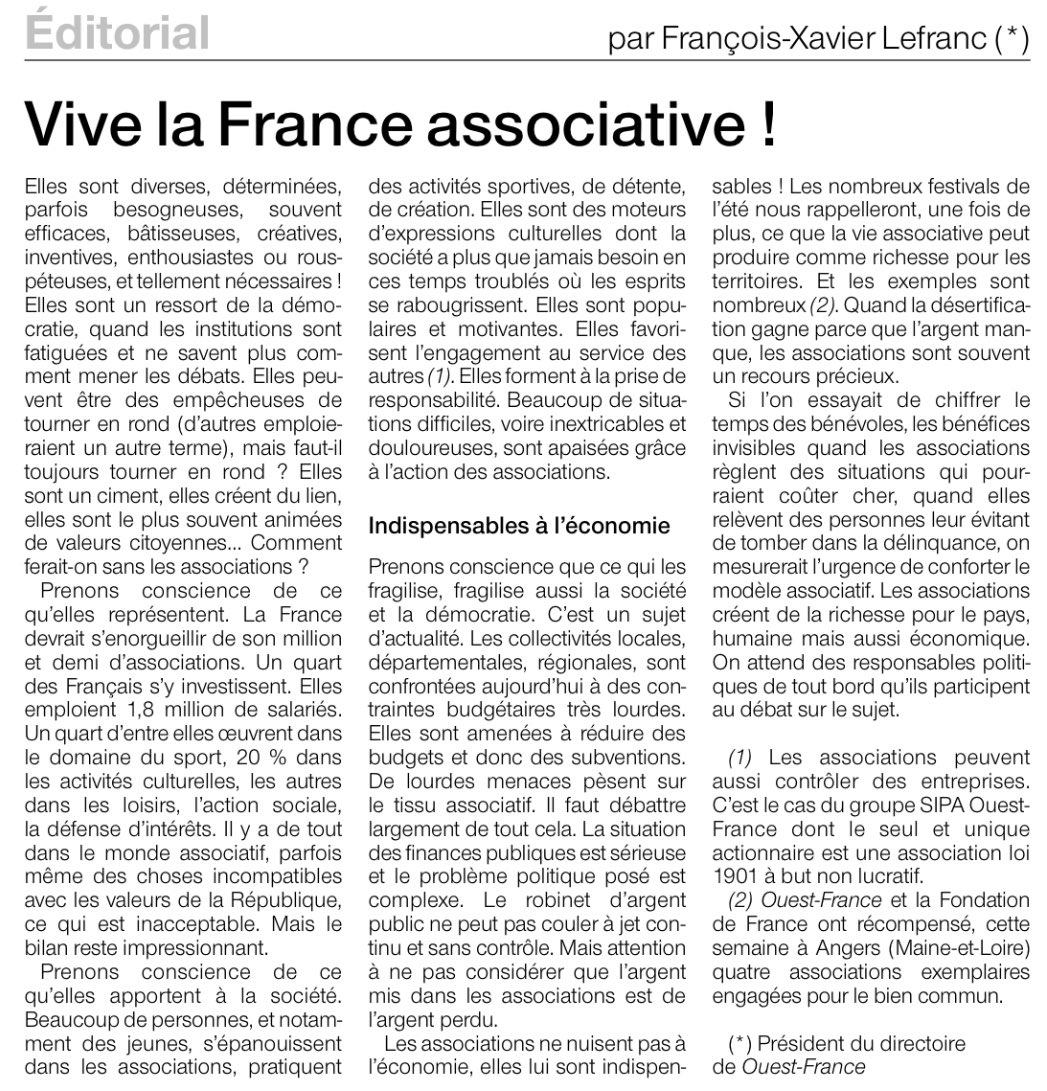 UDSP 53 (@udsp53) on Twitter photo Bel éditorial <a href="/OuestFrance/">Ouest-France</a> 🙏
Les associations sont un pilier social vital,essentiel à l'épanouissement,au lien citoyen et à l'apaisement des difficultés. Elles contribuent activement à la démocratie et à l’économie Bel éditorial <a href="/OuestFrance/">Ouest-France</a> 🙏
Les associations sont un pilier social vital,essentiel à l'épanouissement,au lien citoyen et à l'apaisement des difficultés. Elles contribuent activement à la démocratie et à l’économie