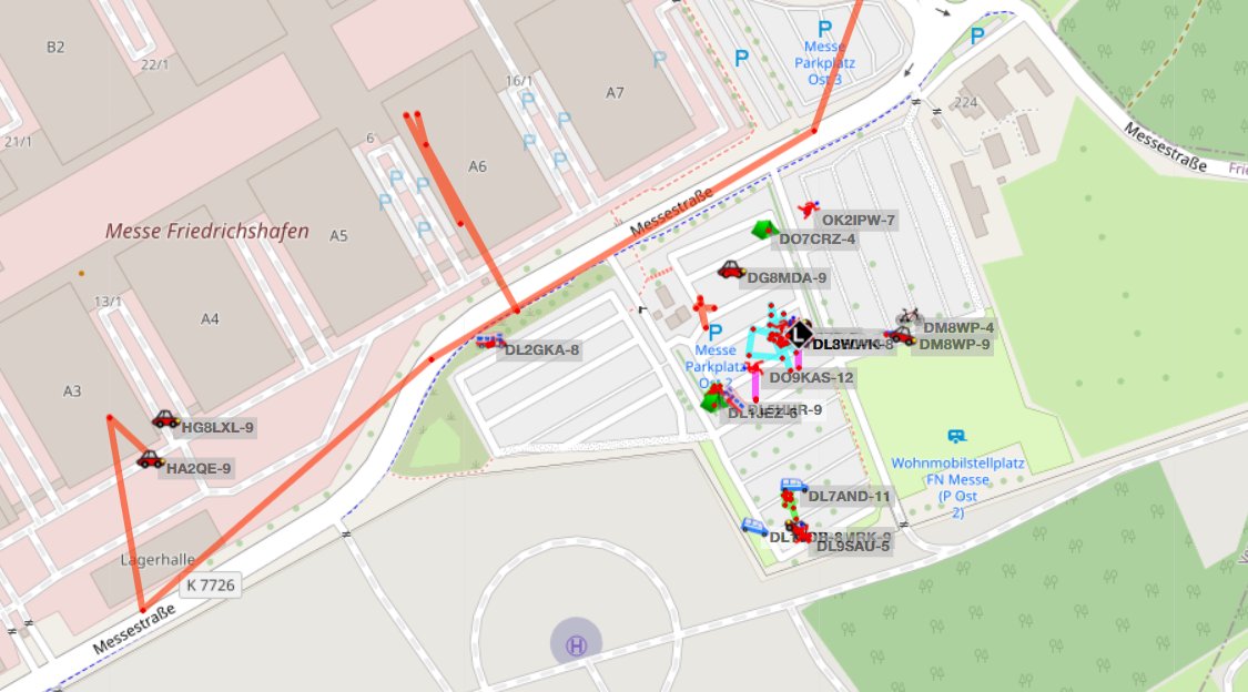 Le camping de la foire de #Friedrichshafen se remplit de balises #APRS... Y aurait-il un évènement par là ? 

Mais bien-sûr :  #HAMRADIO2025 😃

🫵 Au plaisir de s'y rencontrer, Hall A1 - 550