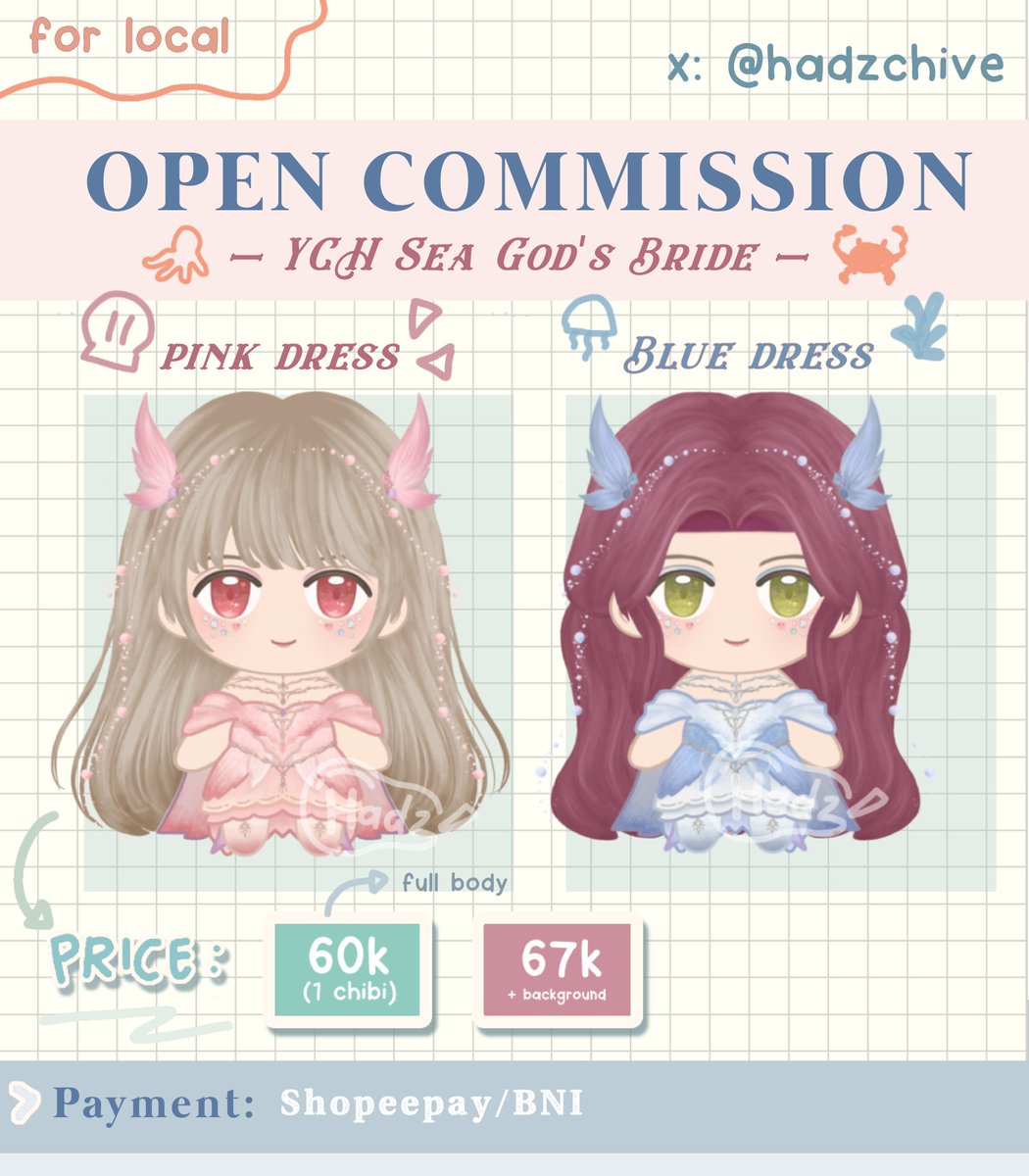 hadzchive's tweet photo. ⋆｡𖦹 °.🐚⋆𓇼 Open Commission YCH Sea God's Bride °‧ 𓆝 𓆟 𓆞 ·｡

for local 🇮🇩
(like &amp; retweet are appreciated)

can do various hairstyles &amp; hair color 👌🏻 
(with clear reference)

open for [0/7] slot 
DM to order 💌
#opencommission https://t.co/lGD5apFy4R