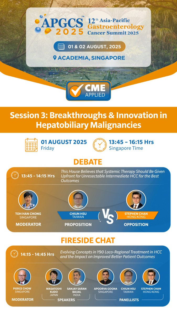 Don’t miss Session 3 at #APGCS2025: Hepatobiliary Malignancies.
Debates, fireside chats &amp; key updates on HCC &amp; BTC treatment—incl. Y90 therapy, SIERRA &amp; TOURMALINE trials.
📅 Aug 1–2 | Singapore

🔗 Register now: apgcs.com/register-for-a…
#GIOncology #LiverCancer
