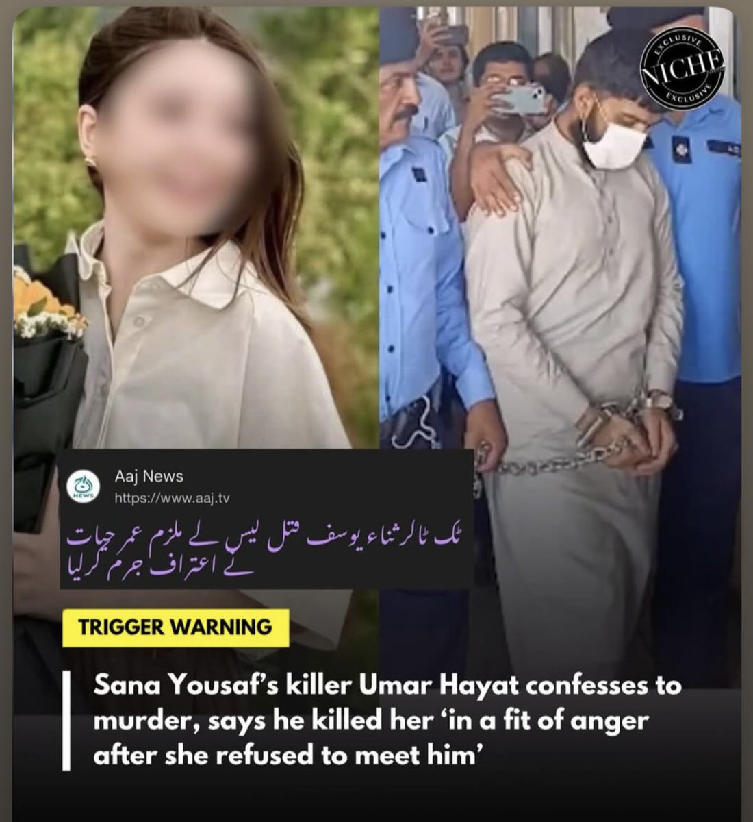 FearlessWolfess's tweet photo. The suspected murderer of Sana Yousaf recorded a confessional statement before a judicial magistrte on Tuesday.
https://t.co/kRIOOOCf4N
#ConfessionalStatement #JudicialMagistrate
I was deeply hurt by her repeated refusal to meet me. In a fit of anger, I went to her house and killed her.
#sanayousaf