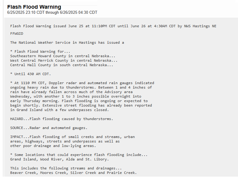 Jasamsdestiny's tweet image. * Flash Flood Warning for... 
SE #HowardCounty  
West Central #MerrickCounty
Central #HallCounty til 4:30am

Some locations that could experience flash flooding include... #GrandIsland, #WoodRiver, #Alda #StLibory.