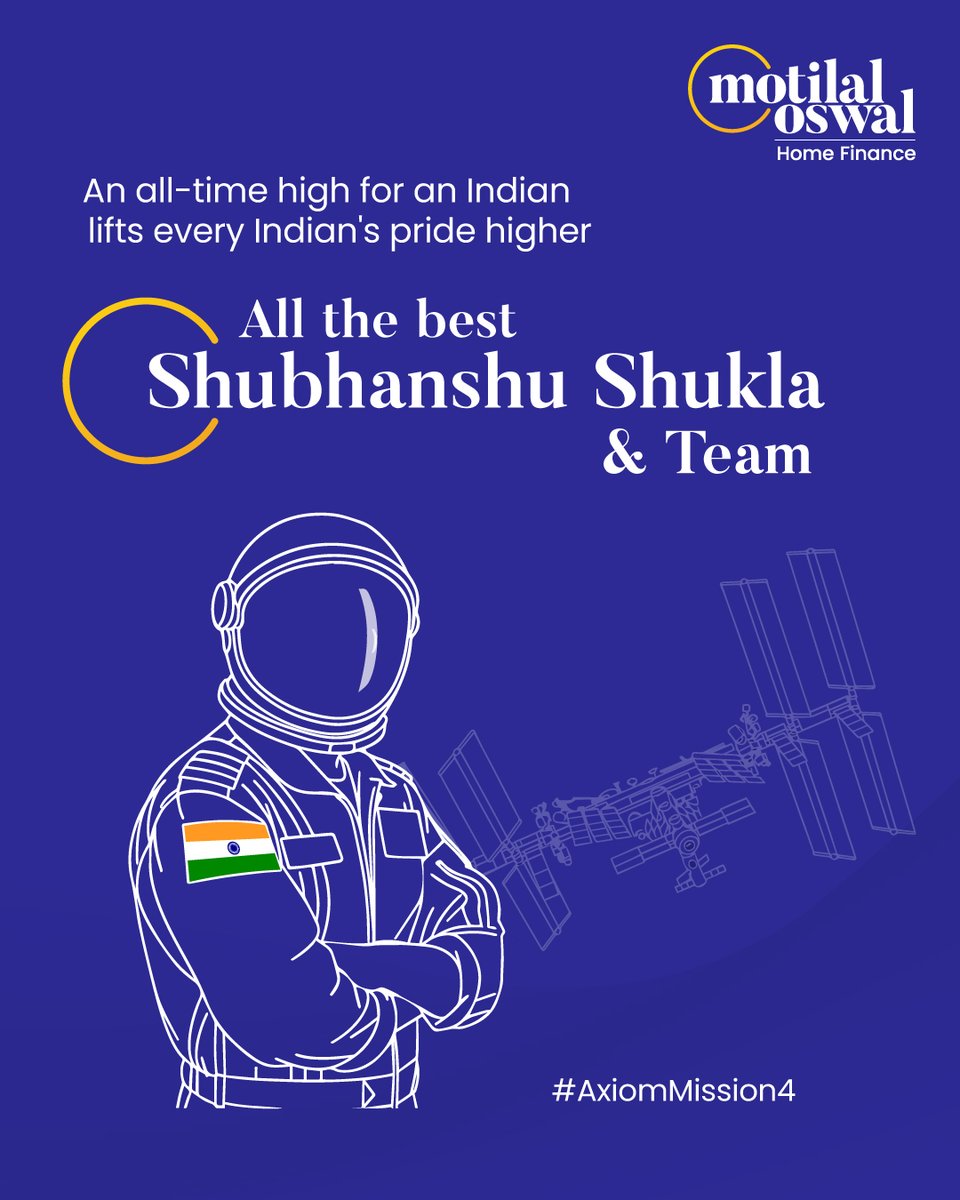 MotilalOswalHF's tweet image. All eyes on the launch. As one Indian gears up for orbit, pride rallies across the nation.

Wishing all the astronauts a smooth liftoff and a stellar journey ahead.

#AllTimeHigh #BreakoutMove #IndianInSpace #ProudMoment #MotilalOswal #AxiomMission4