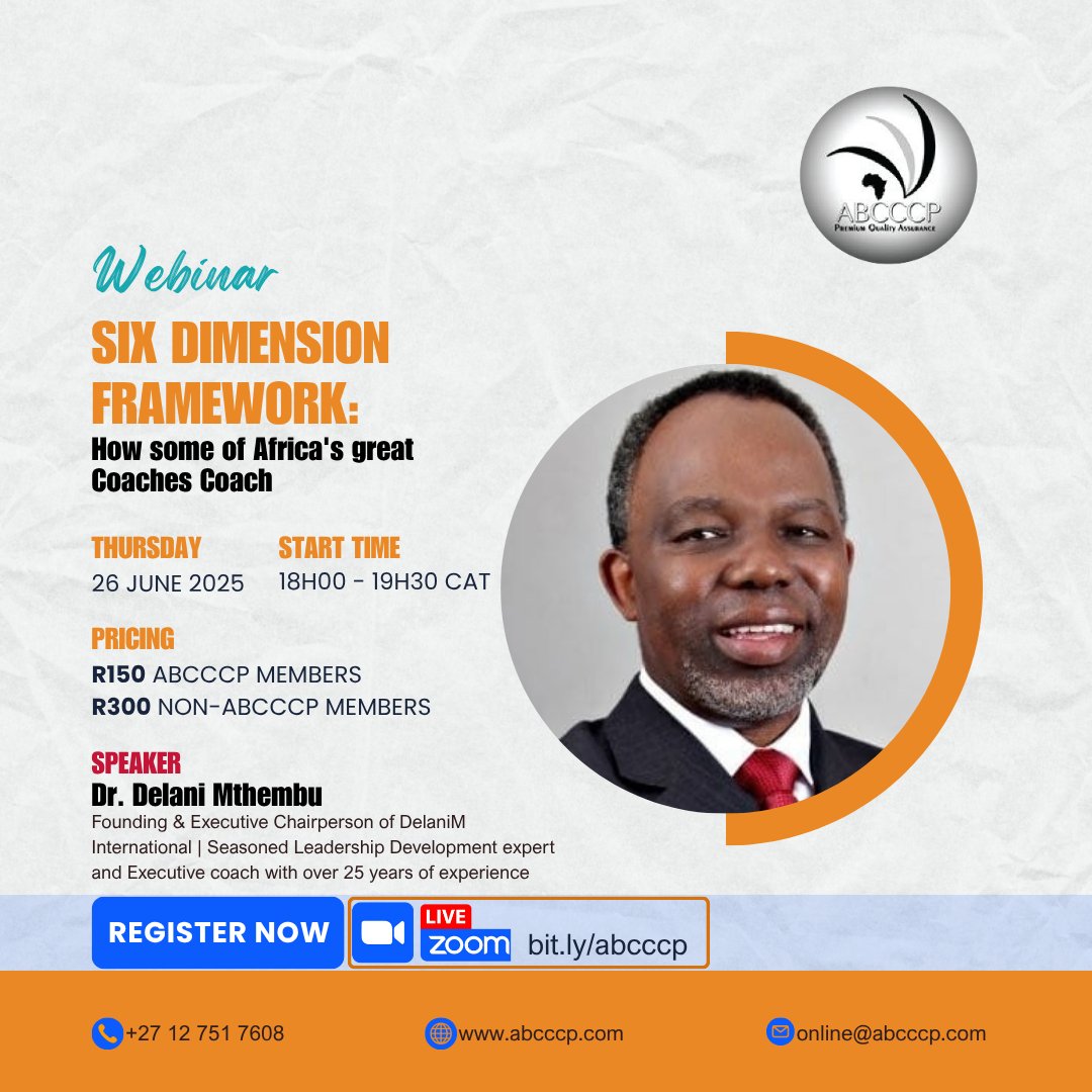 abcccp's tweet image. This is a friendly reminder that our session with Dr. Mlamuli Delani Mthembu (PhD) is happening tonight! Don’t miss this opportunity to learn about his SIX DIMENSION FRAMEWORK and engage with fellow professionals.
Join us by registering at bit.ly/abcccp
#coaching