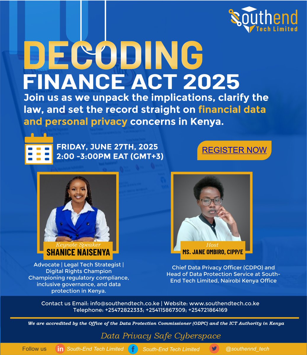 southend_tech's tweet image. 🔍 TOMORROW! Decoding Kenya’s Finance Act 2025 🚀
💡 Key insights on data privacy, compliance &amp;amp; digital rights
📅 Fri 27 June | 🕑 2PM EAT
🔗 Register now:us06web.zoom.us/meeting/regist…
#FinanceAct2025 #DataProtection #SouthEndTech