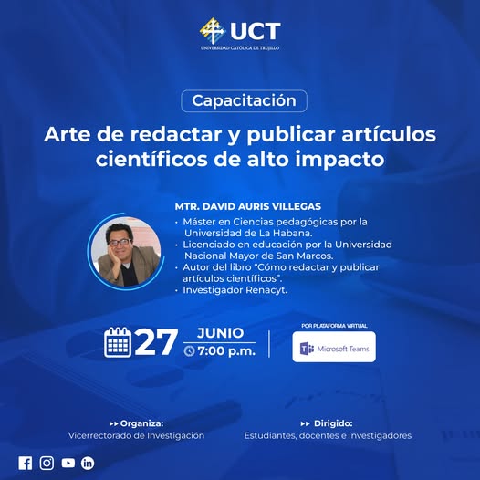 Gracias a la especial invitación de la Universidad Católica de Trujillo. ¡Nos vemos este viernes 27 de junio, para aprender, inspirarnos y crecer juntos! Abrazos. #cómoredactarypublicarartículoscientíficos, #Davidaurisvillegas, #UCT.
 facebook.com/photo/?fbid=11…
