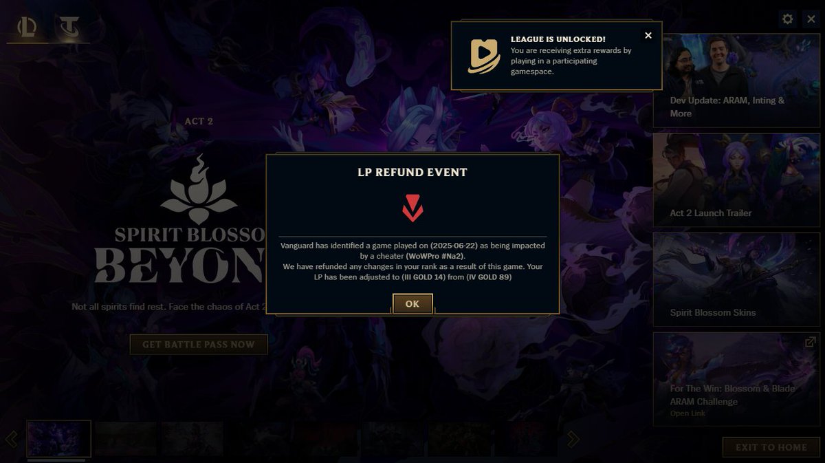 The 4th msg of a cheater detection within a week.. whats wrong with people in league now they are so desperate for wins..
at least im glad we get notified with it and we get our points back, also very glad to see their names get revealed xd