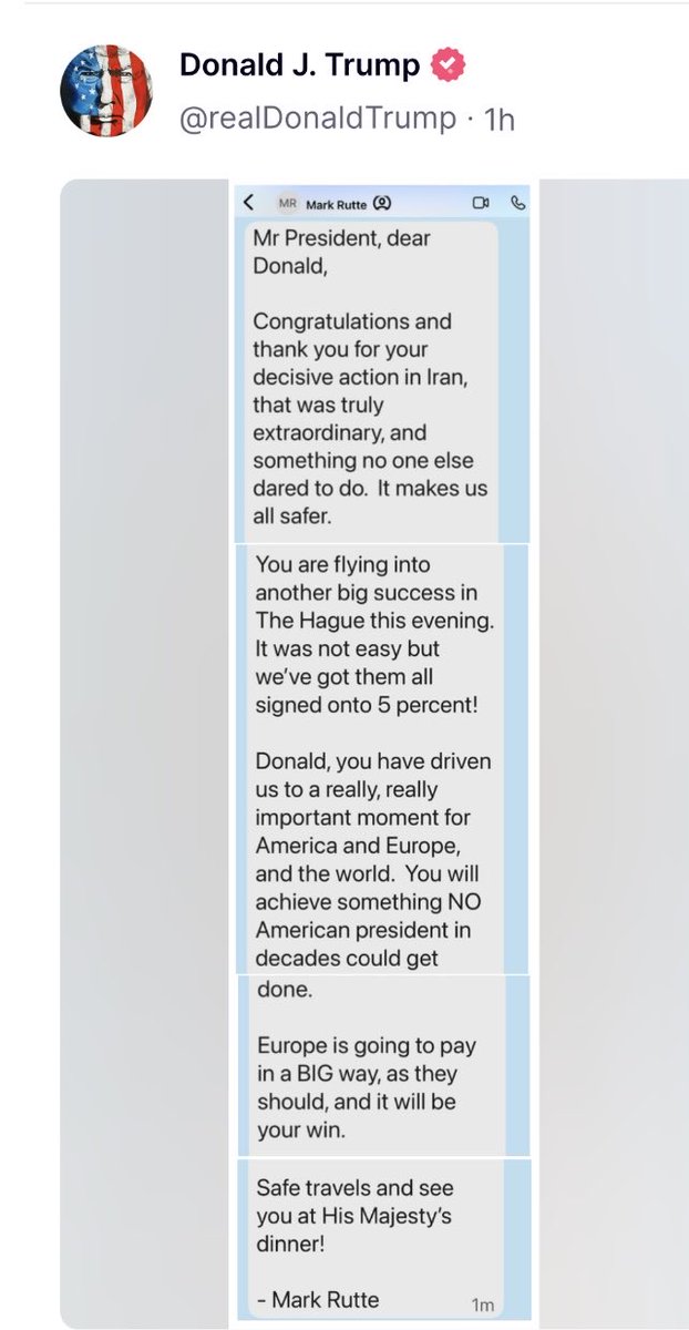 Was für eine Speichelleckerei: Die SMS von #NATO-Generalsekretär #Rutte an #Trump entlarvt das ganze Vasallentum der europäischen NATO-Staaten, die sich bereitwillig dazu haben verdonnern lassen, mit Unsummen für #Aufrüstung und Krieg die Hegemonie der #USA abzusichern und
