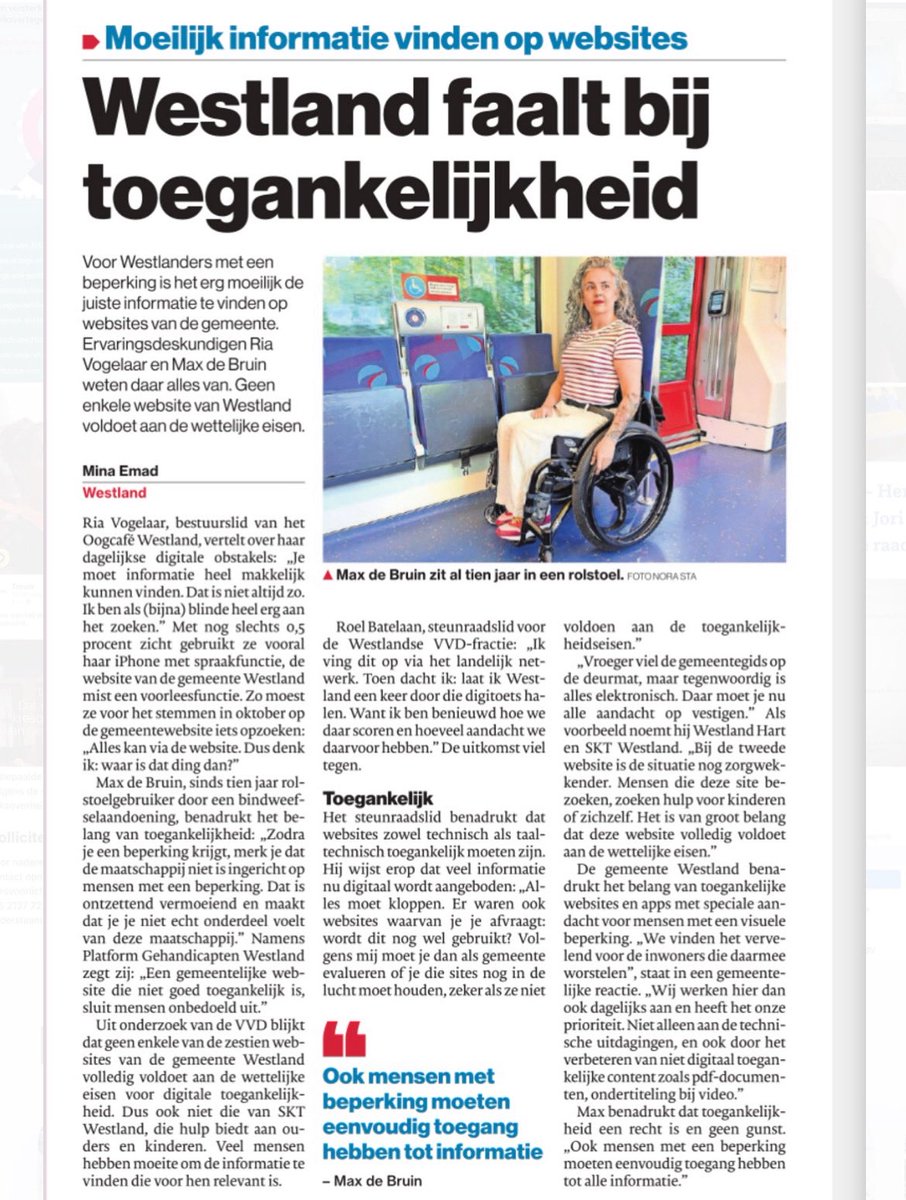 Het lokale <a href="/ADWestland/">AD Westland</a> wijdde een artikel aan onze vragen over digitale toegankelijkheid van gemeentelijke website. Ook ervaringsdeskundigen komen aan bod in het artikel van <a href="/minaemadw/">Mina Emad</a> . 👍🏻 “Toegankelijkheid is een recht, geen gunst.”