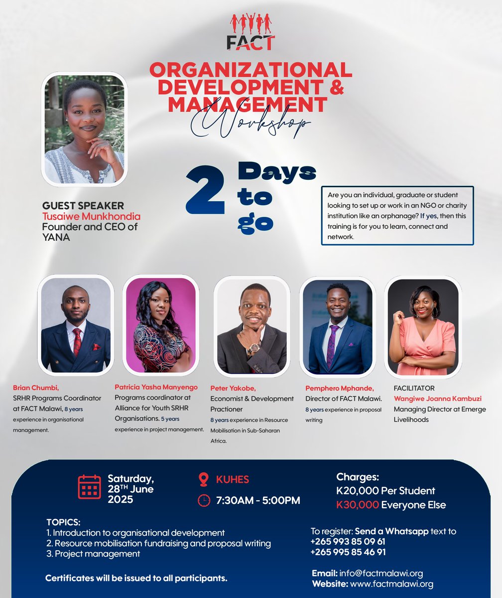 UVM_Tweets's tweet image. Don’t miss the FACT Malawi Workshop on June 28th! 📅

Enhance your expertise in project management, resource mobilization, and organizational development — and walk away with a certificate!

Secure your spot today: +265 993 85 09 61

#FACTMalawi #ManagementTraining