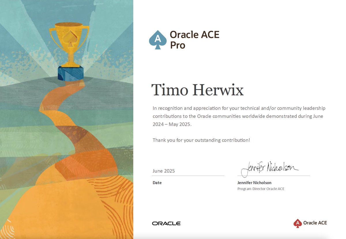 Timo Herwix (@therwix) on Twitter photo I'm thrilled to be recognized as an Oracle ACE Pro for another year 🥳 Over the past three years, I've met many talented people, share knowledge, and contribute to the community in different ways 🚀
Big thanks to <a href="/oracleace/">Oracle ACE Program</a> 👏
#OracleACE #oracle #orclAPEX I'm thrilled to be recognized as an Oracle ACE Pro for another year 🥳 Over the past three years, I've met many talented people, share knowledge, and contribute to the community in different ways 🚀
Big thanks to <a href="/oracleace/">Oracle ACE Program</a> 👏
#OracleACE #oracle #orclAPEX