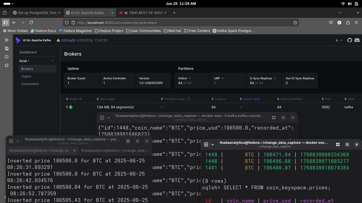 gatitu_mwangi's tweet image. 🔄 CDC (Change Data Capture) in action! Real-time data sync from Binance → PostgreSQL → Kafka → Cassandra No more batch delays - capture every BTC price change instantly! 📷⚡#CDC #RealTimeData #DataEngineering #Kafka
