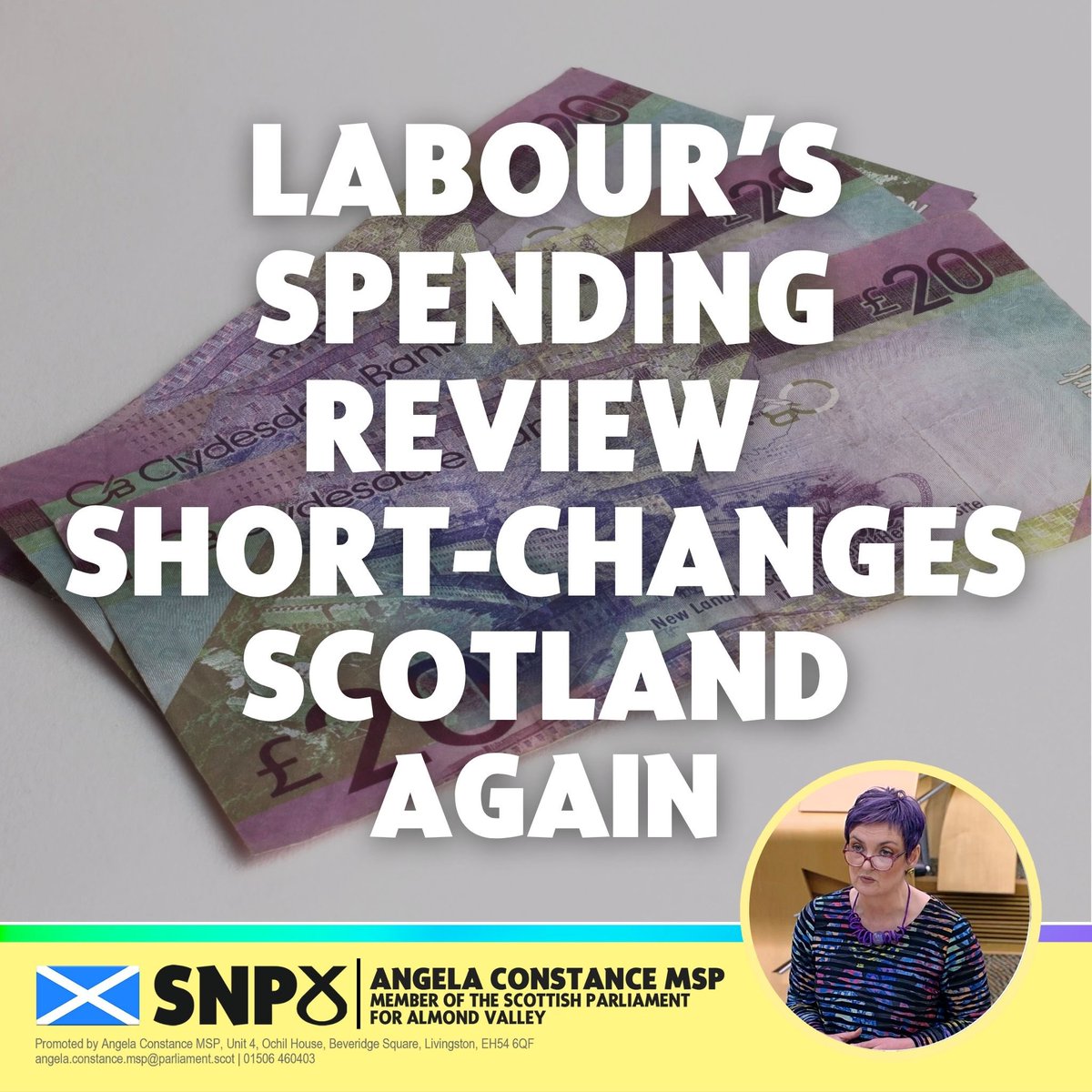 UKG Spending Review is more of the same from Labour 

• Scotland’s block grant will grow by 0.8% a year, while UK departments get 1.2% on average.

• If funding matched UK levels, we’d have £1.1 billion more for public services.
 
Only Independence brings real change <a href="/theSNP/">The SNP</a>