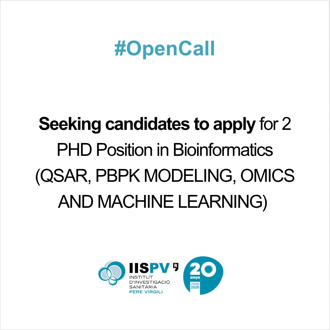 IISPereVirgili's tweet image. 📢 #OpenCall #JobAlert #OfertaDeFeina
Seeking candidates to apply for 2 Phd position in bioinformatics (QSAR, PBPK Modeling, Omics and Machine Learning)
❗ MSc in bioinformatics, pharmacy, computational biology, data science or related.
Candidacies➡️ bit.ly/44wMf3g