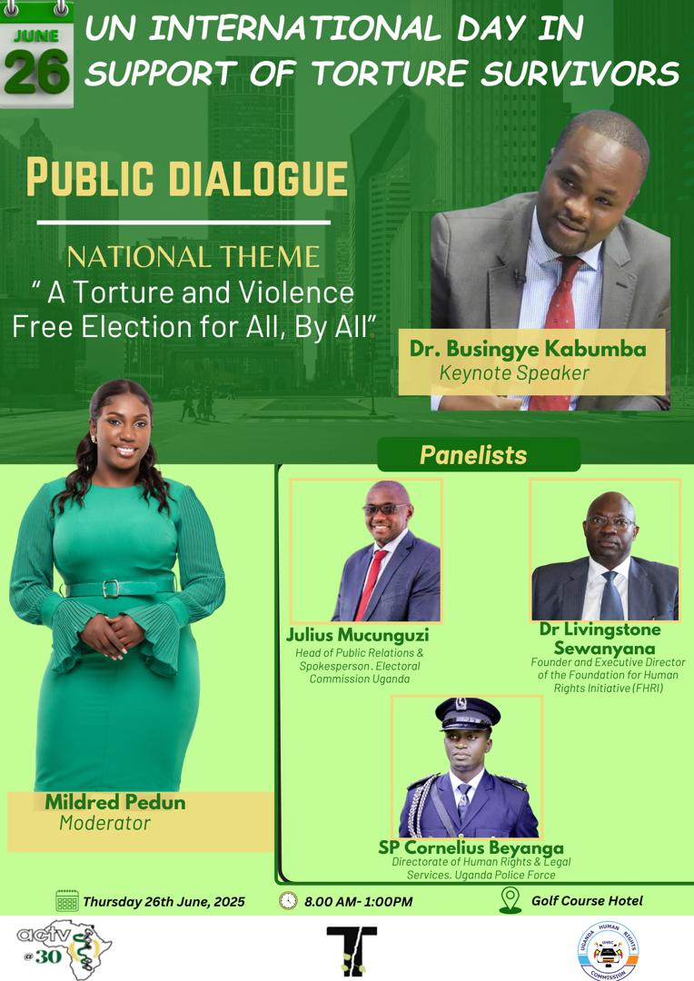 ACTV - Against Torture (@actvuganda) on Twitter photo As we commence this 26 June 2025 commemoration, wish to re-echo that Torture is never justified.
#StopTortureUG2025
<a href="/NCHRD_UG/">NCHRDs-UG</a> <a href="/IRCT/">IRCT</a> <a href="/PoliceUg/">Uganda Police Force</a> <a href="/UgandaEC/">The Electoral Commission - Uganda</a> <a href="/LSewanyana/">Dr. L. Sewanyana</a> <a href="/SwedEnvoyUganda/">Amb. Maria Håkansson</a> <a href="/ADCinUganda/">ADC in Uganda 🇦🇹🇺🇬</a> <a href="/DKinUganda/">Denmark in Uganda</a> As we commence this 26 June 2025 commemoration, wish to re-echo that Torture is never justified.
#StopTortureUG2025
<a href="/NCHRD_UG/">NCHRDs-UG</a> <a href="/IRCT/">IRCT</a> <a href="/PoliceUg/">Uganda Police Force</a> <a href="/UgandaEC/">The Electoral Commission - Uganda</a> <a href="/LSewanyana/">Dr. L. Sewanyana</a> <a href="/SwedEnvoyUganda/">Amb. Maria Håkansson</a> <a href="/ADCinUganda/">ADC in Uganda 🇦🇹🇺🇬</a> <a href="/DKinUganda/">Denmark in Uganda</a>