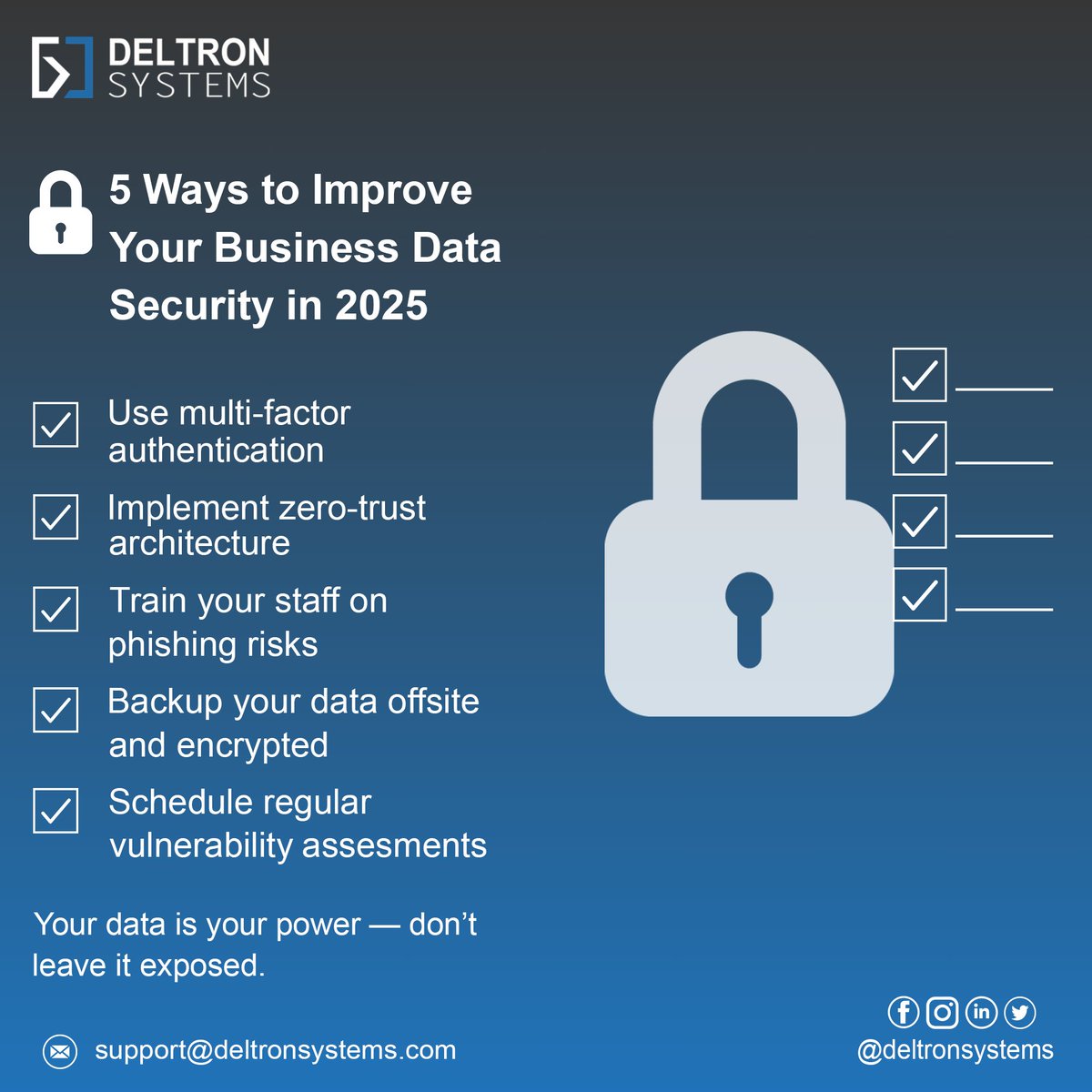 DeltronSystems's tweet photo. 🔐 5 Ways to Boost Your Business Data Security in 2025:

✅ MFA
✅ Zero Trust
✅ Phishing training
✅ Offsite encrypted backups
✅ Vulnerability assessments
Your data = your power — protect it.

#CyberSecurity  #TechTips #DeltronSystems #DataProtection #artificiallntelligence https://t.co/EHWVnppwof