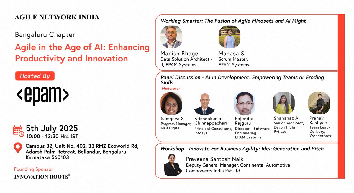 AgileNetwork_in's tweet image. Agile Network India Community #BengaluruChapter | #JulyEvent

Agenda Live!

Date: 05th July, 2025 (Saturday)

Time: 10:00am to 1:30pm

Hosted By: EPAM Systems, #Bengaluru

RSVP Now: agilecommunity.org/event-details/… (Free to Participate)