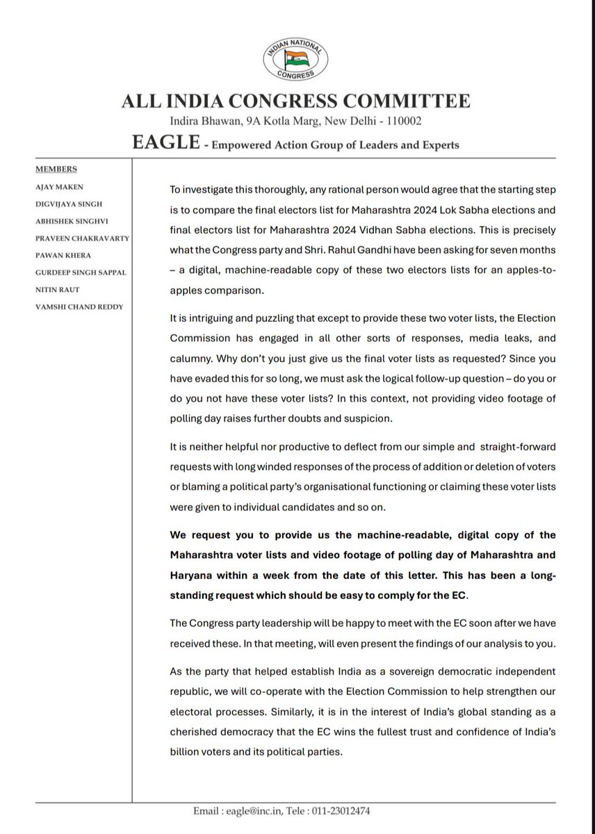 INC’s Strong Rejoinder to ECI’s Silence

The letter reiterates a long-pending and legitimate request:

✅ A machine-readable, digital copy of the voter lists for Maharashtra
🎥 Full video footage from polling day for both Maharashtra and Haryana

We request you to provide this