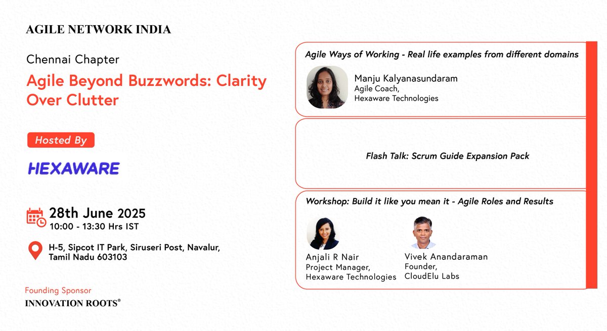 AgileNetwork_in's tweet image. Agile Network Indi Community #ChennaiChapter | #JuneEvent

Agenda Live!

Date: 28th June, 2025 (Saturday)

Time: 10:00am to 1:30pm

Hosted By: Hexaware Technologies, #Chennai

RSVP Now: agilecommunity.org/event-details/… (Free to Participate)