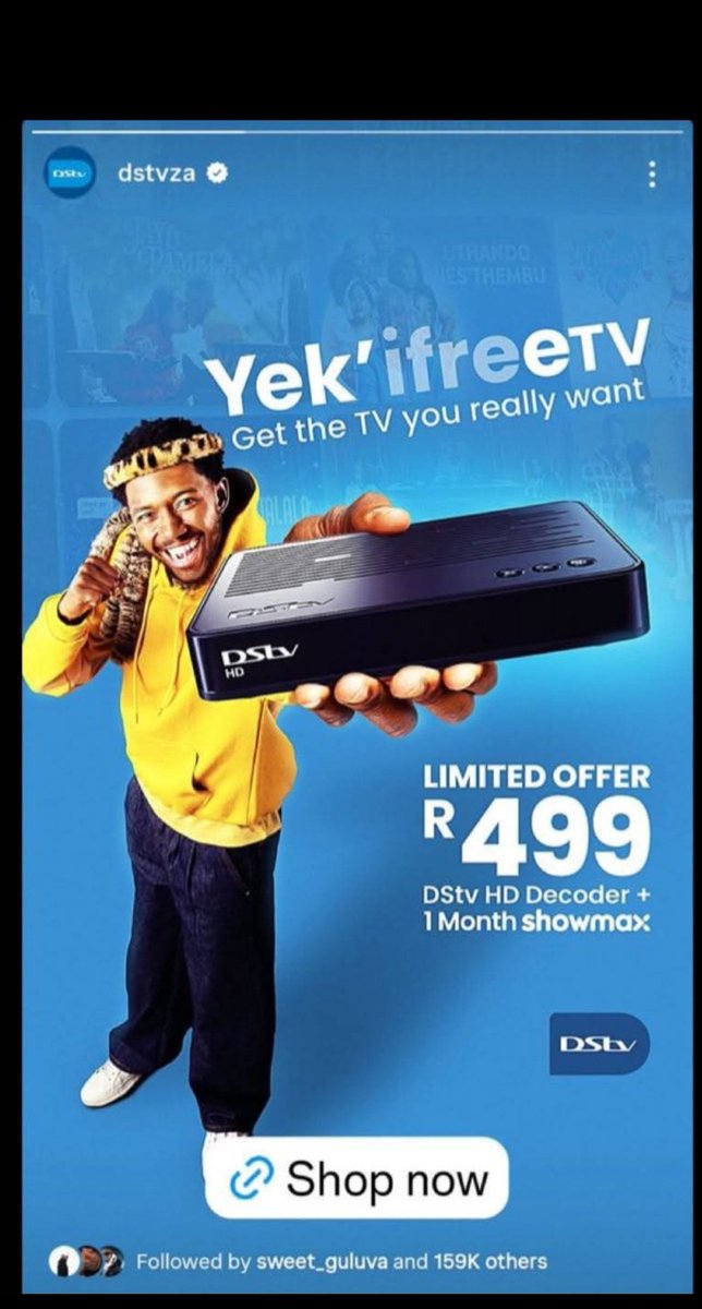 Get yourself an HD dstv decoder and enjoy one month of showmax

THE BEST OF SWEET GULUVA
SWEET GULUVA X DSTV
#SweetGuluvaOnDstvAd
#AkhonamathembaZwane