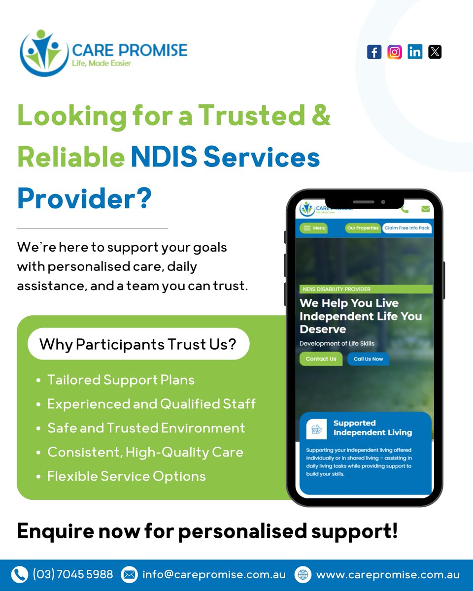 CarePromiseAU's tweet image. Enquire now and take the first step toward the support you deserve!
📞 (03) 7045 5988
📧 info@carepromise.com.au
🌐 carepromise.com.au

#DisabilitySupport #NDISHelp #CarePromise #EverydaySupport #MelbourneNDIS #EmpoweredLiving #NDISProvidersAustralia #ndisservices