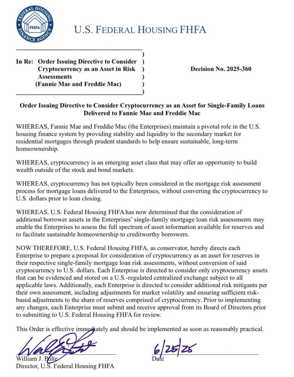 🚨 BREAKING: "Criptovalute e Mutui: La FHFA Riconosce gli Asset Criptati nel Credito Abitativo USA"