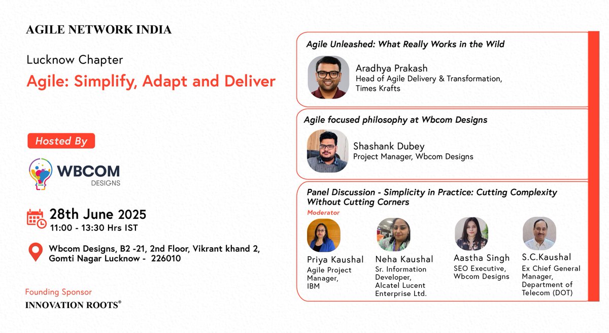 AgileNetwork_in's tweet image. Agile Network India Community #LucknowChapter | #JuneEvent

Agenda Live!

Date: 28th June, 2025 (Saturday)

Time: 11:00am to 1:30pm

Hosted By: Wbcom Designs, #Lucknow

RSVP Now: agilecommunity.org/event-details/… (Free to Participate)