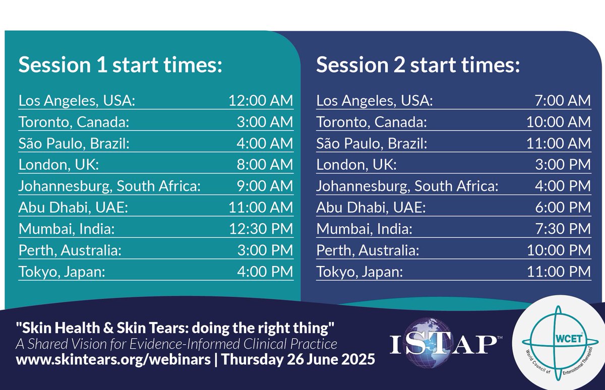 International Skin Tear Advisory Panel (ISTAP) (@skintears) on Twitter photo Join us today for our free webinar: "Skin Health and Skin Tears". To accommodate global time zones, we’re offering the same session twice:
đź•— Session 1: 8:00 AM (UK time)
🔗 Register: us02web.zoom.us/webinar/regist…
đź•’ Session 2: 3:00 PM (UK time)
🔗 Register: us02web.zoom.us/webinar/regist… Join us today for our free webinar: "Skin Health and Skin Tears". To accommodate global time zones, we’re offering the same session twice:
đź•— Session 1: 8:00 AM (UK time)
🔗 Register: us02web.zoom.us/webinar/regist…
đź•’ Session 2: 3:00 PM (UK time)
🔗 Register: us02web.zoom.us/webinar/regist…