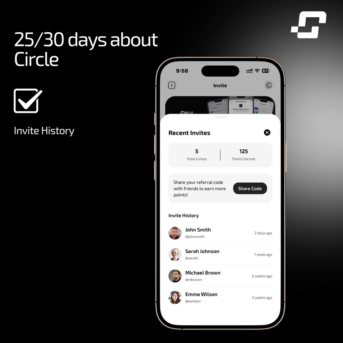 Day 25/30 of <a href="/CirclebyCelia/">Circle</a> Features! 

Today, we’re introducing the "Invite History" feature. Track your recent invites and see your invite history—users can now view who they’ve invited! Circle is coming soon to iOS and Android. Stay tuned for more daily updates! Keep mining