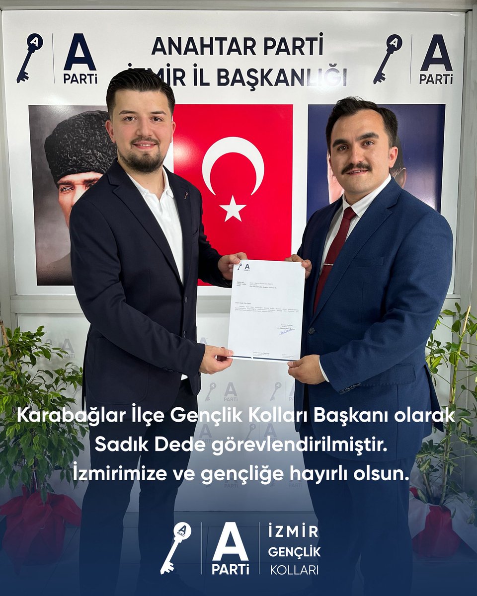 Anahtar İzmir Gençlik (@izmranahtrgnclk) on Twitter photo Karabağlar İlçe Gençlik Kolları Başkanı olarak
Sadık Dede görevlendirilmiştir. İzmirimize ve gençliğe hayırlı olsun.
<a href="/huseyincakir43/">Hüseyin ÇAKIR</a> <a href="/aparti35/">Anahtar Parti İzmir İl Başkanlığı</a> <a href="/umitdembas/">Av. Ümit Demirbaş</a> Karabağlar İlçe Gençlik Kolları Başkanı olarak
Sadık Dede görevlendirilmiştir. İzmirimize ve gençliğe hayırlı olsun.
<a href="/huseyincakir43/">Hüseyin ÇAKIR</a> <a href="/aparti35/">Anahtar Parti İzmir İl Başkanlığı</a> <a href="/umitdembas/">Av. Ümit Demirbaş</a>