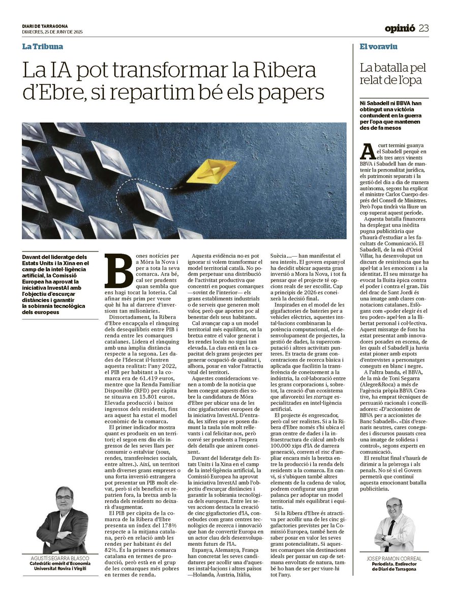 Ja podeu llegir l'article del Catedràtic Emèrit d'Economia de la <a href="/universitatURV/">Universitat Rovira i Virgili</a>, Agustí Segarra, al <a href="/diaridtarragona/">Diari de Tarragona</a> sobre "La IA pot transformar la Ribera d'Ebre, si repartim bé els papers"👇