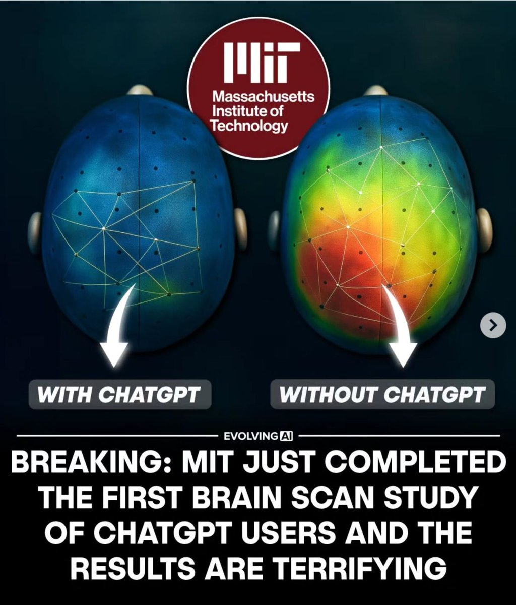 Some say AI tools like ChatGPT are causing "brain rot." A new MIT study shows reduced brain activity when people rely on AI.
But here's the truth:
Used passively, it makes you dull.
Used wisely, it makes you superhuman.
AI isn't the problem, your mindset is.

In simple terms, AI