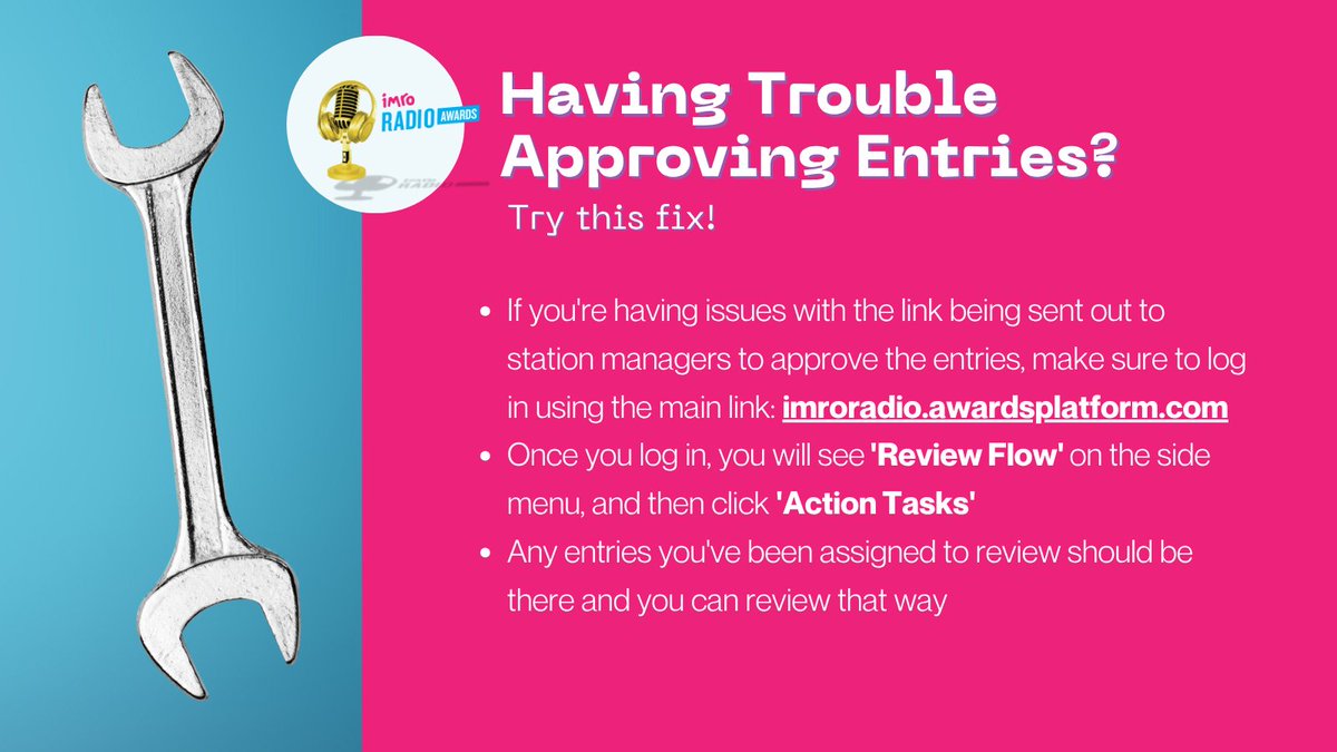 IMRORadioAwards's tweet image. Having trouble approving entries as station manager? Try this solution 🔍️
If you have any further issues with the entry process, please email awards@imroradioawards.ie
Best of luck!