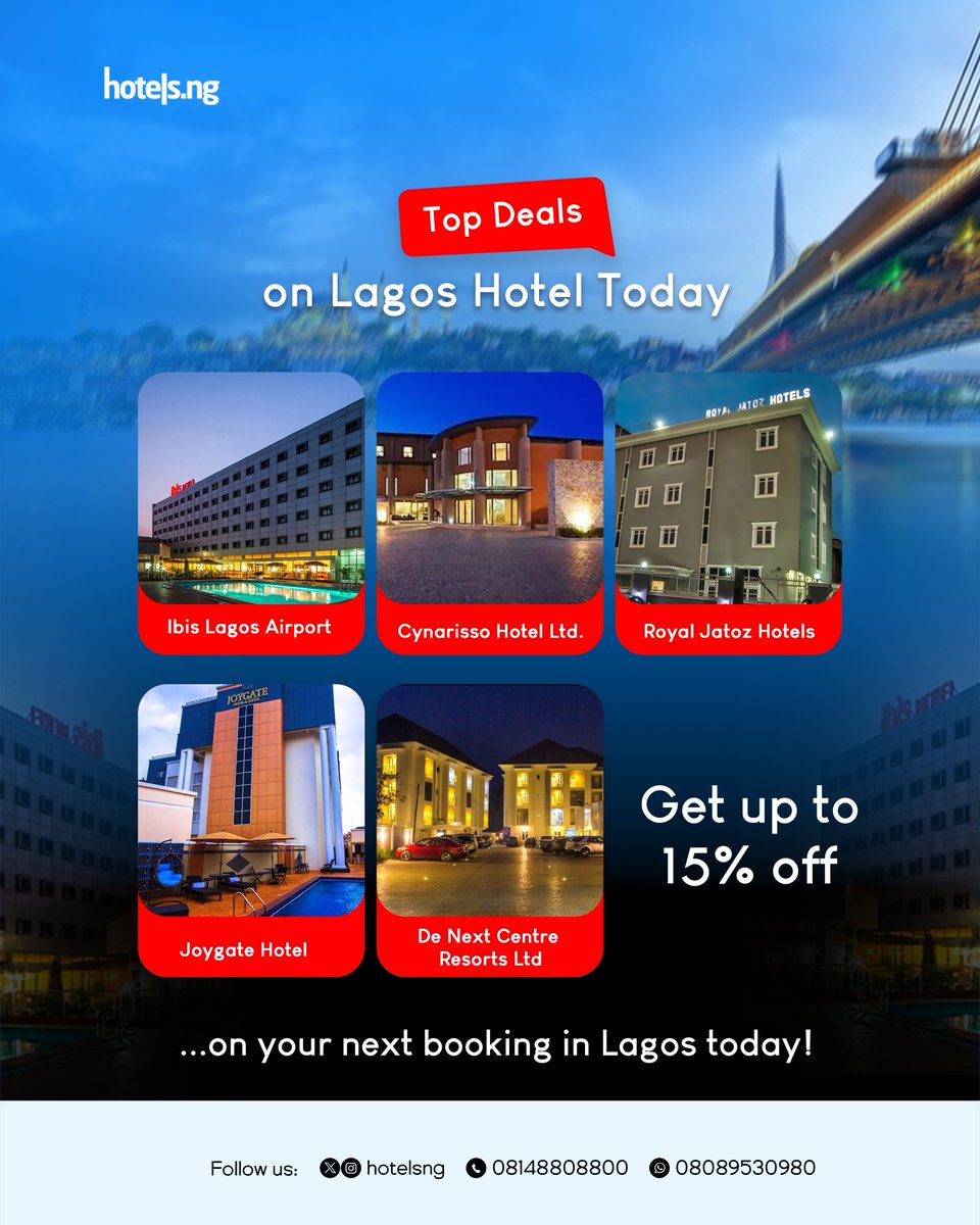 hotelsng's tweet image. Lagos hotels, unbeatable prices. 
Book now and save up to 15%!

@ibisairport @royaljatozhotels @joygatehotels 

#hotelsng #hotelsandresorts #lagoshotels #hotelsinlagos #bookhotels