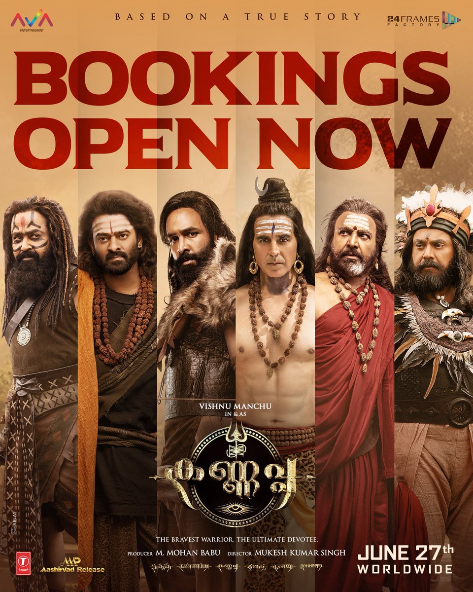 Aashirvad Cinemas (@aashirvadcine) on Twitter photo Warriors rise. Legends unite. Book now!
bookmy.show/Kannappa
#Kannappa27thJune #KannappaMovie #HarHarMahadevॐ
<a href="/themohanbabu/">Mohan Babu M</a> <a href="/iVishnuManchu/">Vishnu Manchu</a> <a href="/Mohanlal/">Mohanlal</a> #Prabhas <a href="/akshaykumar/">Akshay Kumar</a> <a href="/realsarathkumar/">R Sarath Kumar</a> <a href="/MsKajalAggarwal/">Kajal Aggarwal</a> <a href="/arpitranka_30/">Arpit Ranka</a> <a href="/mukeshvachan/">Mukesh Kumar Singh</a> <a href="/StephenDevassy/">Stephen Devassy</a> <a href="/editoranthony/">Lewellyn gonsalvez</a> Warriors rise. Legends unite. Book now!
bookmy.show/Kannappa
#Kannappa27thJune #KannappaMovie #HarHarMahadevॐ
<a href="/themohanbabu/">Mohan Babu M</a> <a href="/iVishnuManchu/">Vishnu Manchu</a> <a href="/Mohanlal/">Mohanlal</a> #Prabhas <a href="/akshaykumar/">Akshay Kumar</a> <a href="/realsarathkumar/">R Sarath Kumar</a> <a href="/MsKajalAggarwal/">Kajal Aggarwal</a> <a href="/arpitranka_30/">Arpit Ranka</a> <a href="/mukeshvachan/">Mukesh Kumar Singh</a> <a href="/StephenDevassy/">Stephen Devassy</a> <a href="/editoranthony/">Lewellyn gonsalvez</a>