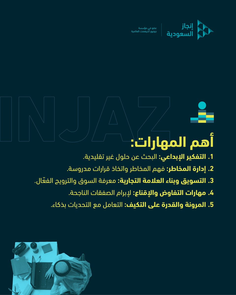 5 مهارات أساسية لرائد الأعمال الناجح 💼🚀
اكتسبها، وابدأ رحلتك بثقة ! ✨

#إنجاز_السعودية #InjazSA #Injazsaudi #ريادة_الاعمال #الميزانية_الشخصية