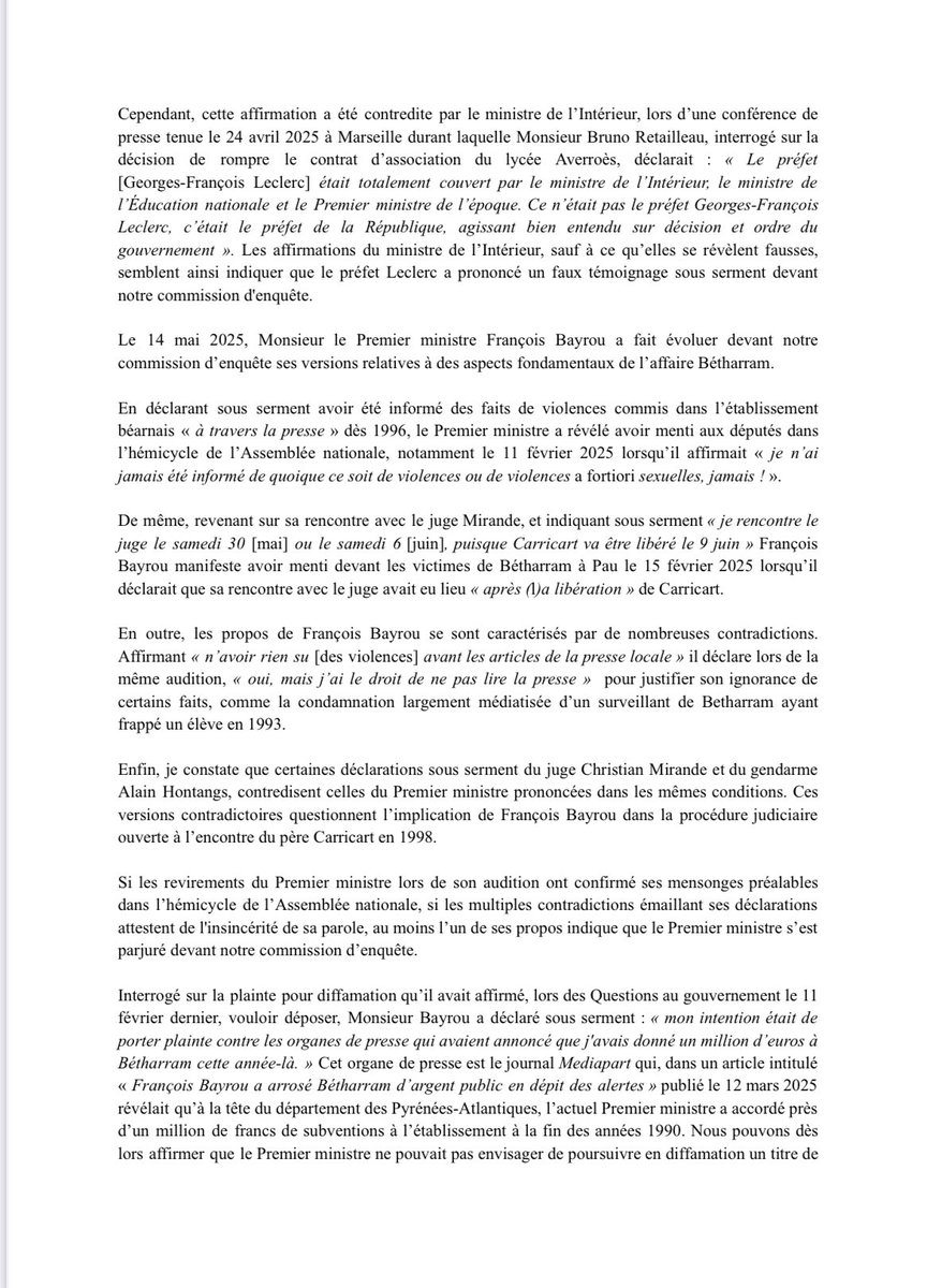 PaulVannierFI's tweet photo. J’ai relevé trois cas m’apparaissant comme des parjures lors des auditions de notre commission d’enquête.

Ils concernent l’actuelle numéro 2 du ministère de l’éducation nationale, un préfet et @bayrou. 

Il est de ma responsabilités de rapporteur de le signaler à notre présidente @KelouaF, la seule en situation aujourd’hui de donner les suites judiciaires prévues à l’article 6 de l’ordonnance du 17 novembre 1958 en pareille circonstance.