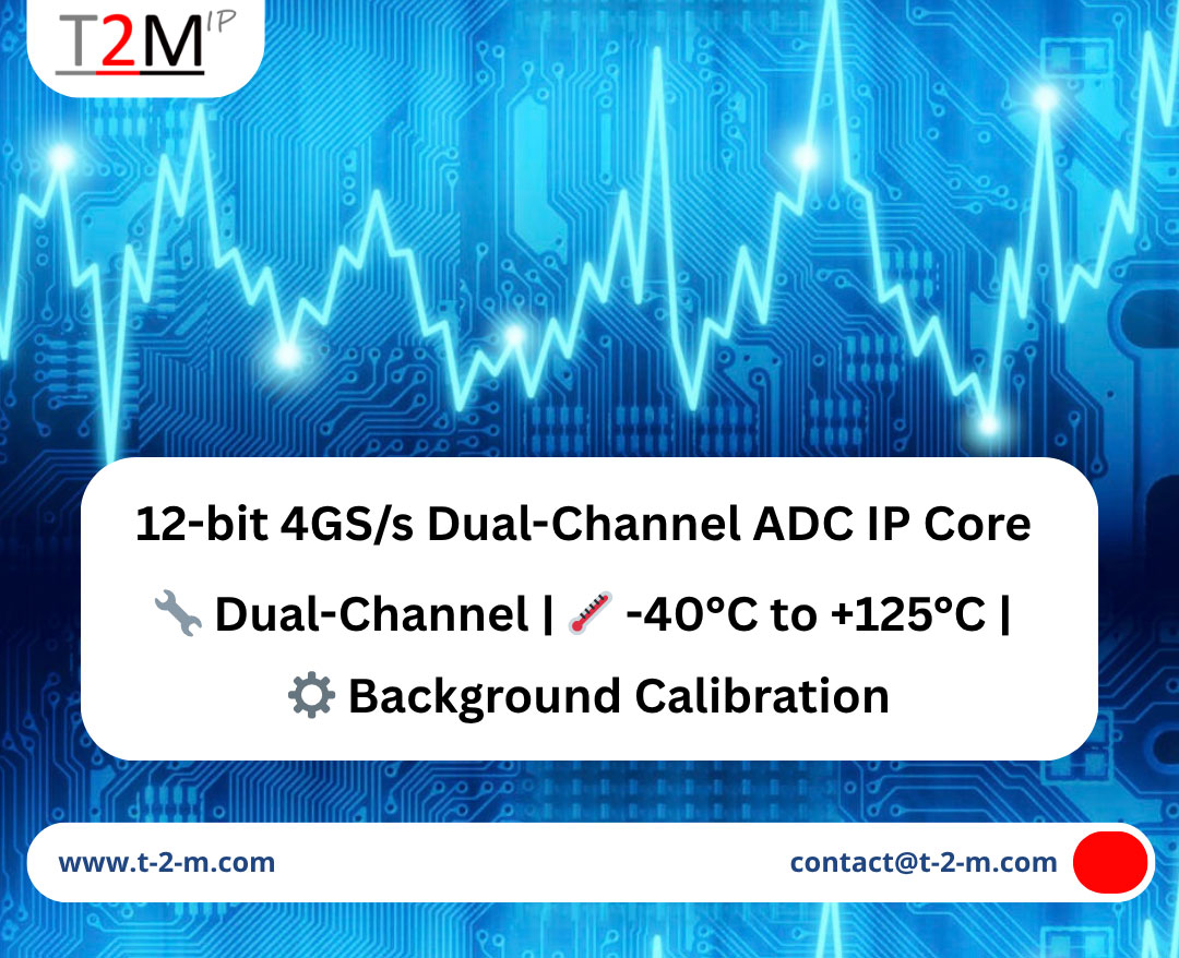 T2M_IP's tweet image. 🔧Introducing T2M’s 12-bit 4GS/s Dual-Channel ADC IP Core 

🔧 Dual-Channel | 🌡️ -40°C to +125°C | 

⚙️ Background Calibration

📩 Reach out: contact@t-2-m.com | 🌐 t-2-m.com

#Semiconductor #IPCore #ADC #4Gsps #12bit #HighSpeed #SoC #5G #RF #T2M #Innovation