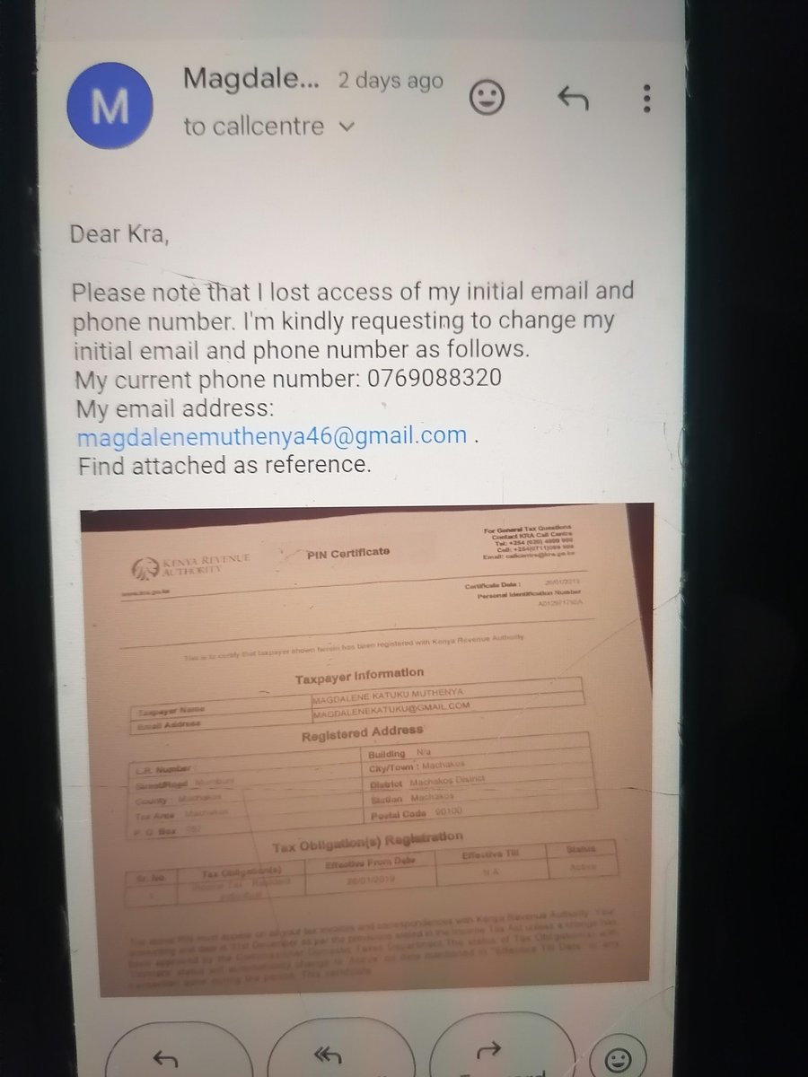 Jackson72274367's tweet photo. @KRACare
Dear KRA,
Kindly confirm how far you have to on this issues.
My spouse lost both email and phone number and she is requesting to change both and add new one. https://t.co/fnKajyadLz