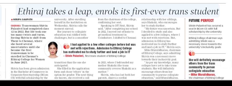 Nirupa Sampath (@nirupasampath) on Twitter photo As a rare case amongst #Chennai women's arts & science colleges, #Ethirajcollege admits its first 'trans girl' for an undergraduate course. "Will inspire others,"says <a href="/mike_vmm/">Mike Muralidharan</a> dtnext.in/news/chennai/c… As a rare case amongst #Chennai women's arts & science colleges, #Ethirajcollege admits its first 'trans girl' for an undergraduate course. "Will inspire others,"says <a href="/mike_vmm/">Mike Muralidharan</a> dtnext.in/news/chennai/c…