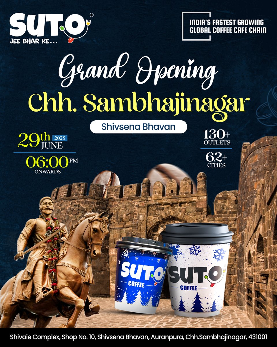 CafeSutoGlobal's tweet photo. 🚀🌟 Hello, Chh. Sambhajinagar!🎊Suto Cafe is brewing up magic in Chh. Sambhajinagar!  Join us at our grand opening for an unforgettable coffee experience!🚀🌟
-
-
-
-
#bangalore #chh.sambhajinagar #sambhajinagar #coffeeculture #cafevibes #foodie  #coffeelover https://t.co/NAOoROcUXG