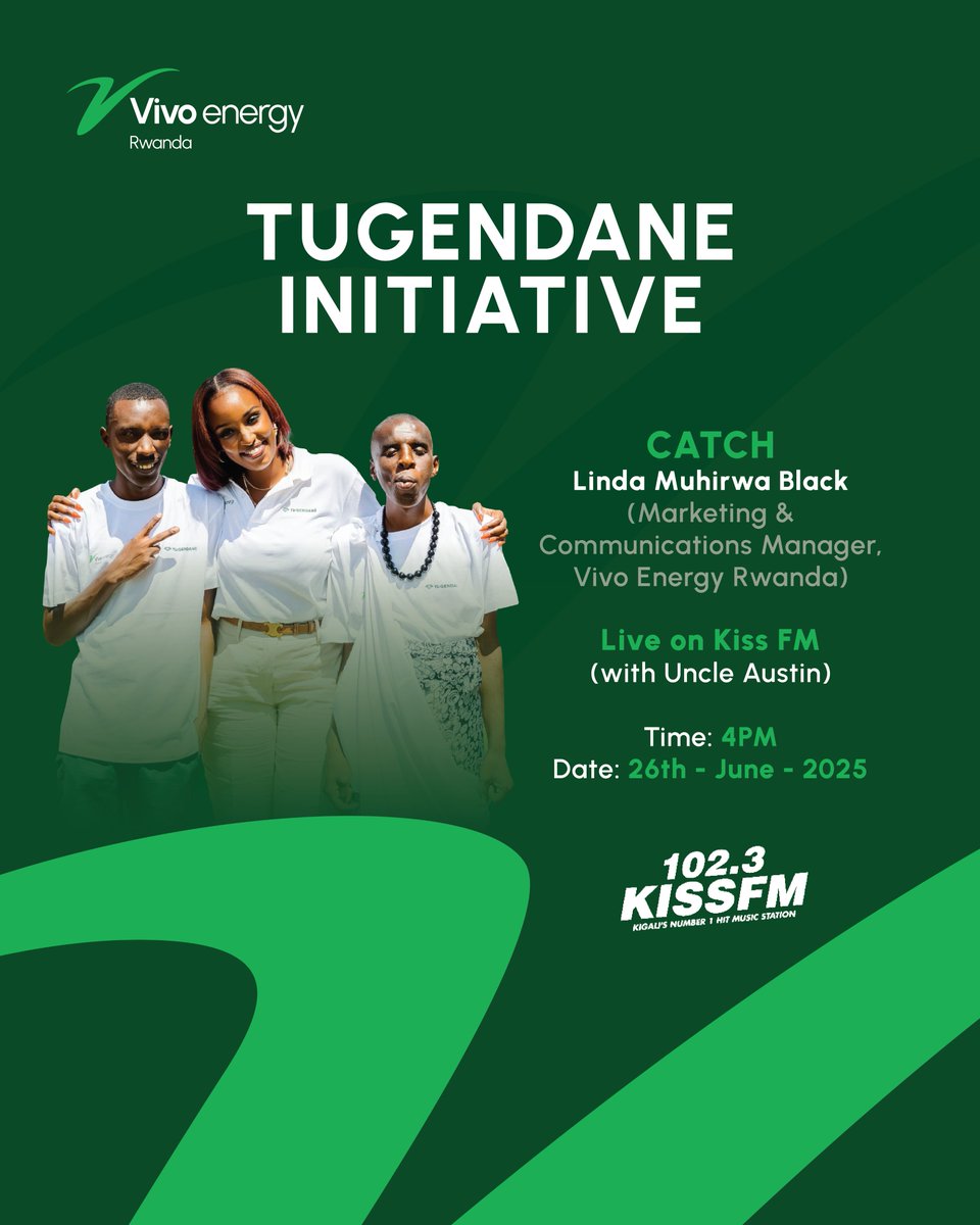 vivoenergyrw (@vivoenergyrw) on Twitter photo The #Tugendane Initiative hits the airwaves on <a href="/1023KISSFM/">102.3 KISS FM</a> with <a href="/UncleAustinT/">Austin Luwano (Uncle Austin)</a>.
A powerful conversation on inclusion, dignity, and creating a Rwanda where every child thrives. Let’s keep walking this journey together.
#MovingForwardTogether #InclusionMatters #VivoEnergyRwanda The #Tugendane Initiative hits the airwaves on <a href="/1023KISSFM/">102.3 KISS FM</a> with <a href="/UncleAustinT/">Austin Luwano (Uncle Austin)</a>.
A powerful conversation on inclusion, dignity, and creating a Rwanda where every child thrives. Let’s keep walking this journey together.
#MovingForwardTogether #InclusionMatters #VivoEnergyRwanda