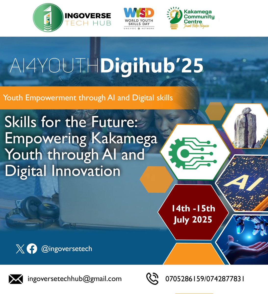 🚀 Skills for the Future!
Join us this 14–15 July 2025 as we empower Kakamega youth with AI &amp; digital skills to drive innovation and opportunities! 💻🌍
#WYSD2025 #DigitalSkills #AIForYouth #IngoverseTechHub #KakamegaInnovation