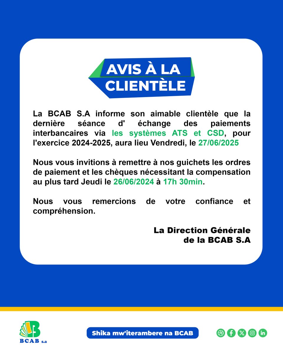 BcabBank's tweet photo. Avis à la clientèle / Itangazo ku banywanyi.
#bcabbank
#shikamwiteramberenabcab https://t.co/hYpGkvVFzM