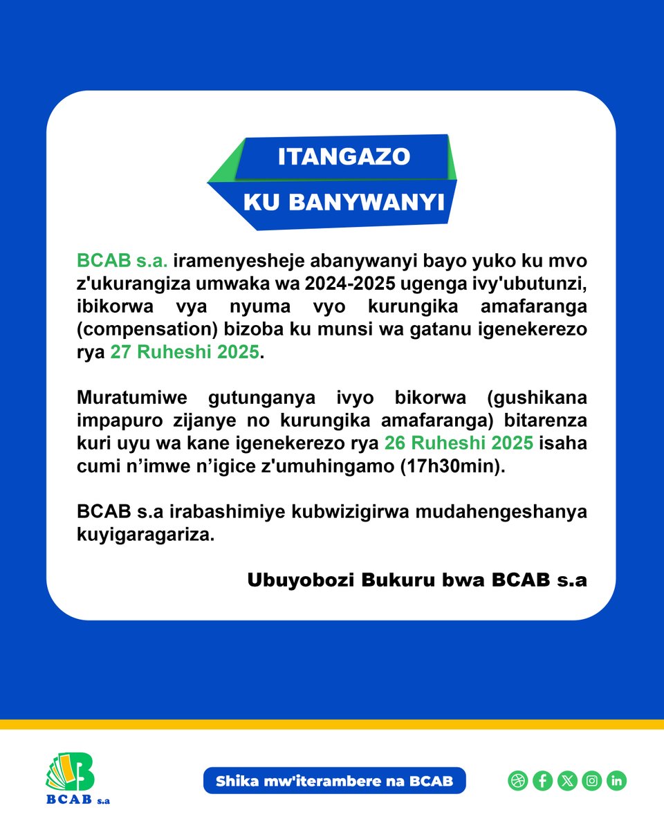 BcabBank's tweet photo. Avis à la clientèle / Itangazo ku banywanyi.
#bcabbank
#shikamwiteramberenabcab https://t.co/hYpGkvVFzM