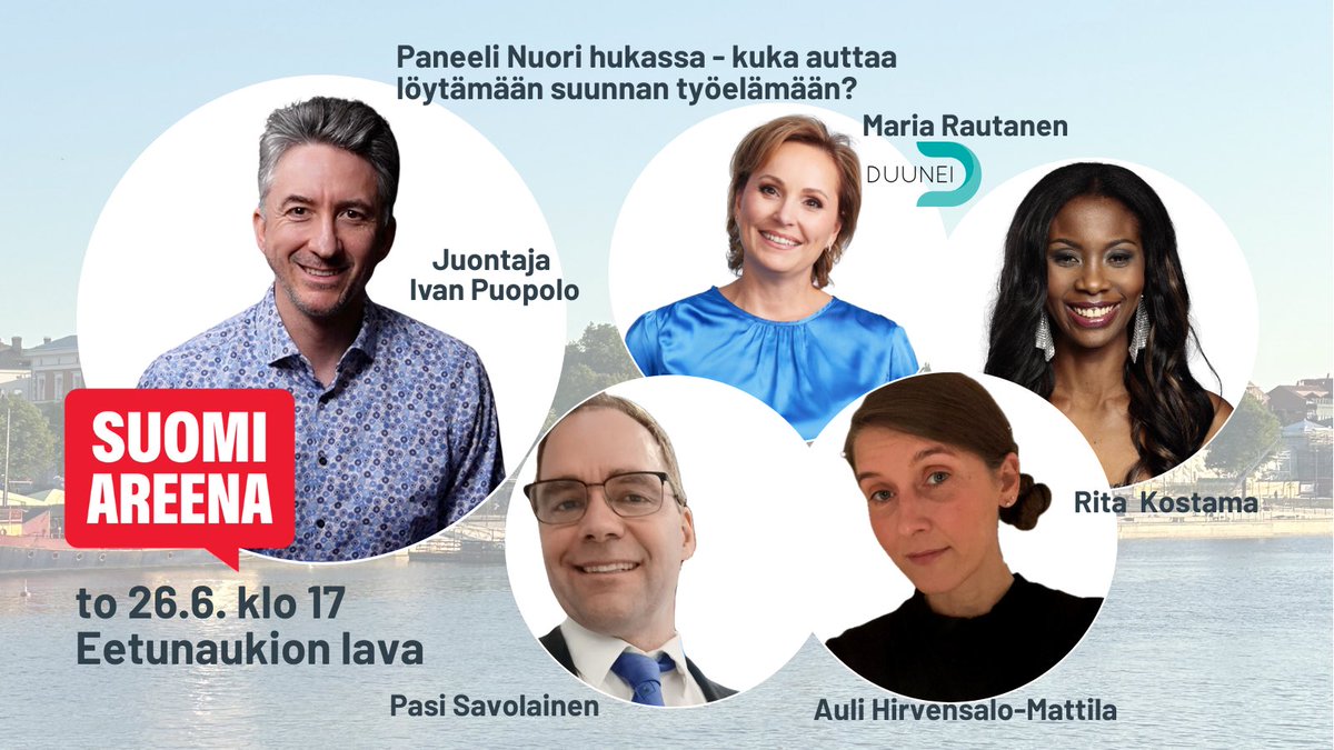 Nuori hukassa – kuka auttaa?
🔥 SuomiAreena-paneelissa torstaina 26.6. klo 17 pureudutaan nuorten työllistymiseen, ikäihmisten tukemiseen &amp; kotoutumiseen.
🎤 Juontaa <a href="/ivanpuopolo/">Ivan Puopolo</a> 
📍 Eetunaukio, Pori | 🎥 MTV Katsomo
👉 duunei.com
#NuoriHukassa #SuomiAreena #Duunei